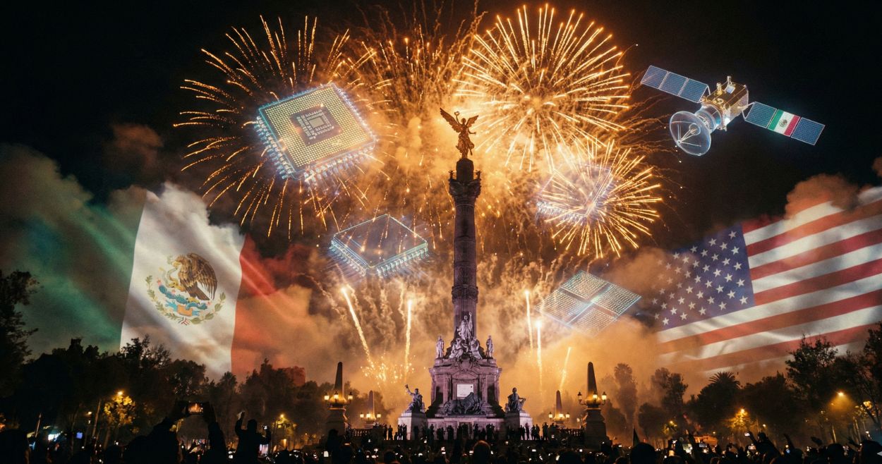 Celebración de Año Nuevo 2026 en México con el Ángel de la Independencia de fondo, simbolizando los logros económicos y los retos del T-MEC